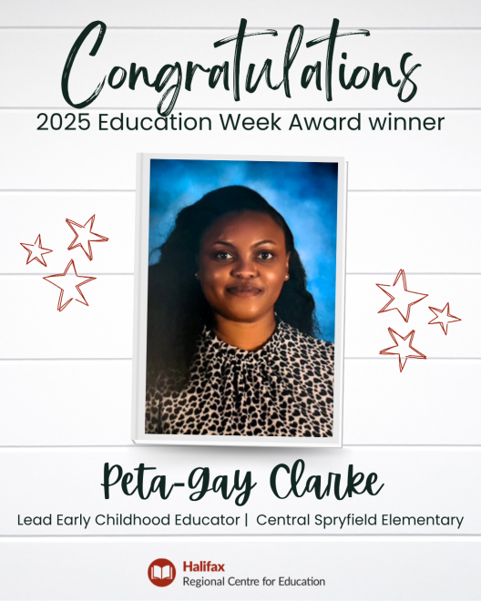 Image of Peta-Gay Clarke with the words, "Congratulations 2025 Education Week Award winner" at the top with her name, title and school at the bottom.